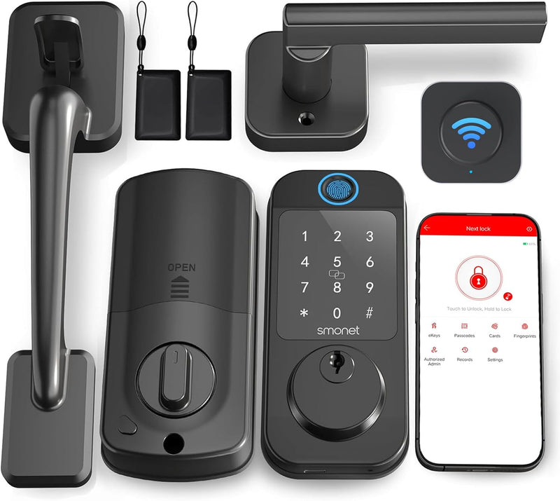 WiFi Front Door Lock Set - SMONET Fingerprint Keyless Entry Smart Locks Handle Set, Digital Remote Control Keypad Bluetooth Alexa Deadbolt Lockset with Auto Lock, Code, Fob, App for Rental,Black