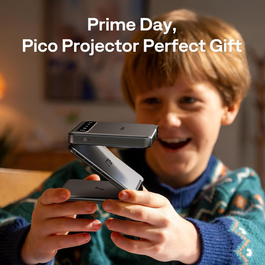 Zip Tri-Fold Truly Portable DLP Projector, Pocket Size, Zero-Lag Focus, One-Click Screen Mirroring, Full-Screen Mode, Type-C Fast Charging, 5,000mAh Battery, Indoor Outdoor Mini Projector, Grey