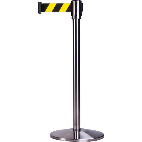 Free-Standing Crowd Control Barrier, Steel, 35" H, Black/Yellow Tape, 7' Tape Length