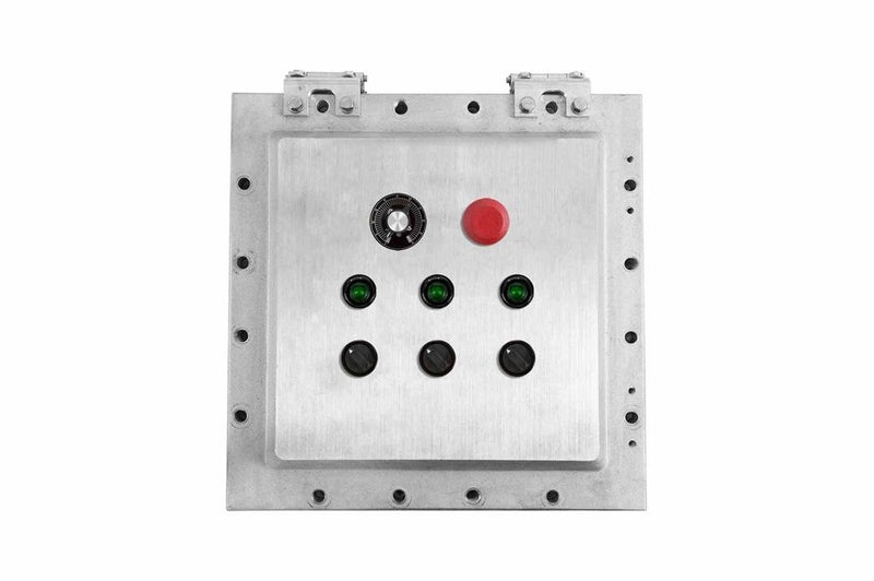 Explosion Proof Control Station - C1D1/C2D1 - (3) Green Pilot Lights, (3) 3-pos Switches, (1) E-stop - Potentiometer - (2) Hubs