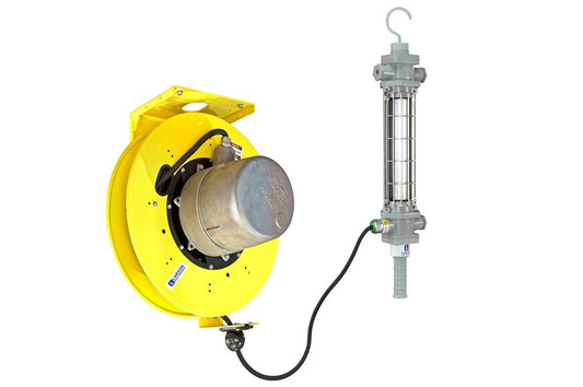 Explosion Proof Aluminum LED Drop Light & Cord Reel - Class I, Div. I - 100' SOOW Cord - Schuko Plug