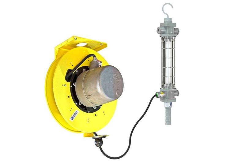 Explosion Proof Aluminum LED Drop Light & Cord Reel - Class I, Div. I - 100' SOOW Cord - Schuko Plug