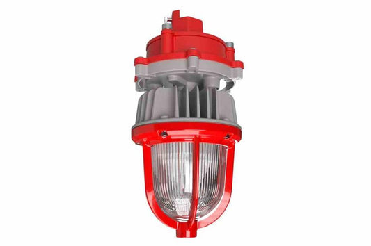 15W Explosion Proof Colored Strobe Warning Light, C1D1, 120-277V, 2,250 lms, Pendant Mount, Mason Jar / Jelly Jar Beacon, Red Housing