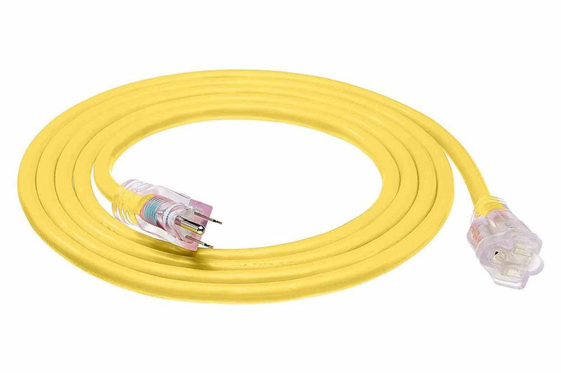 100' 12/3 SJTW Extension Power Cord - 125V - 15A Rated, Molded Plug - Yellow/Outdoor