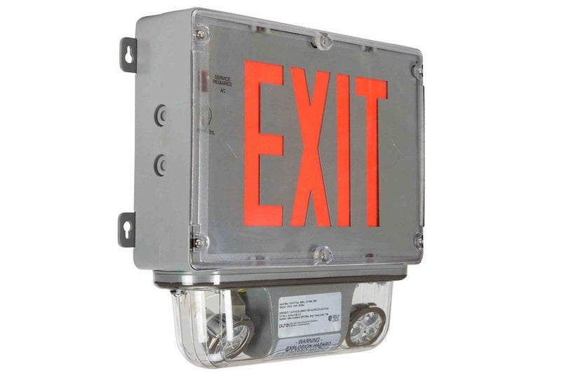 10W Explosion Proof LED Emergency Exit Sign w/ Halogen Bug Eyes - C1D2 - 120/277VAC - 6V Lamps - Self Testing