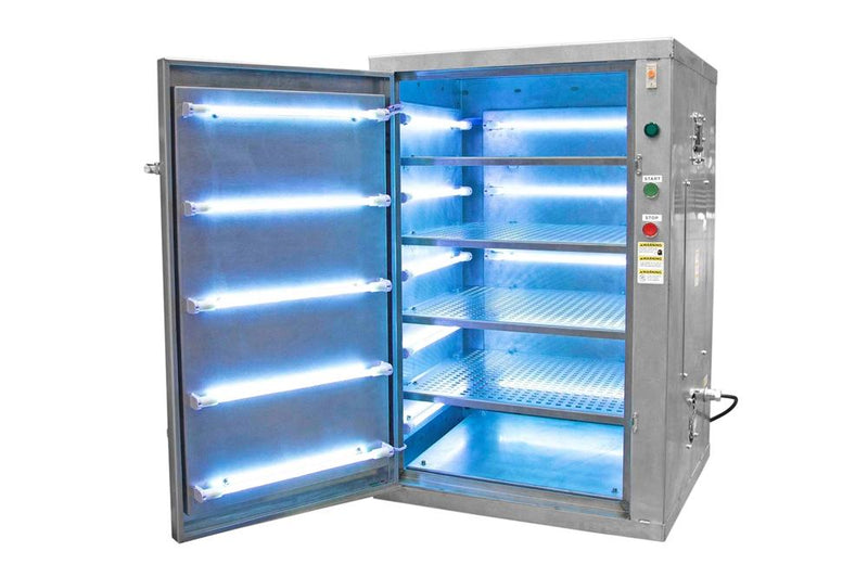 Mobile UV Hazardous Location Disinfection Cabinet - Kills 99% of Viruses - 120V - (20) UV Lamps, Timer - (5) Mesh Wire Shelves - Type Z Purge System for C1D2 Use