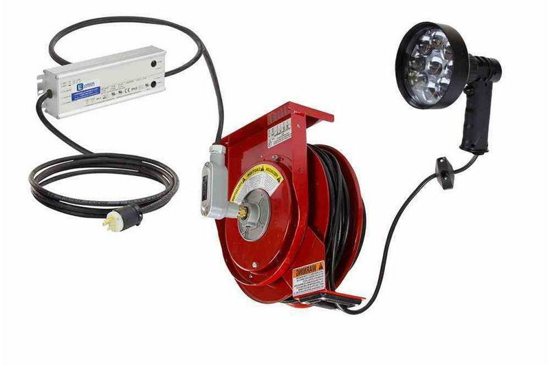 27W Dimmable LED Spotlight w/ 25' 16/3 SOOW Cord Reel & Inline Transformer - 100-277VAC to 24VDC