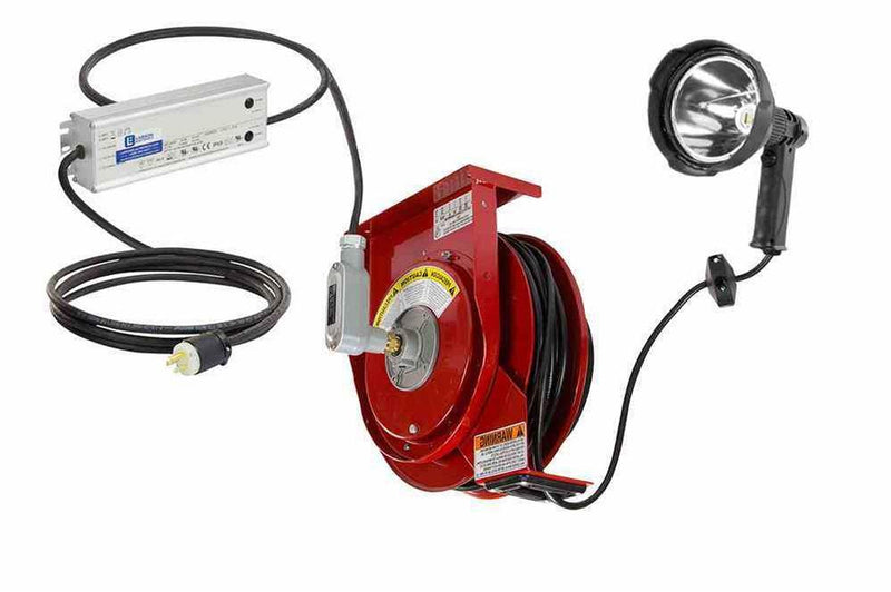 45W Handheld LED Spotlight w/ 50' 12/3 SOOW Cord Reel & Inline Transformer - 100-277VAC to 24VDC