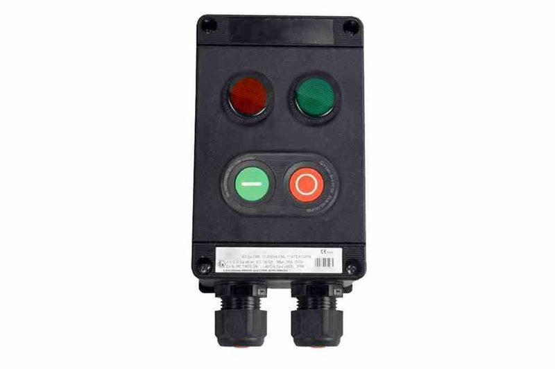 Flameproof Double Push Button w/ Pilot Lights - 250V AC/110V DC - Red/Green, Momentary - ATEX/IECEx