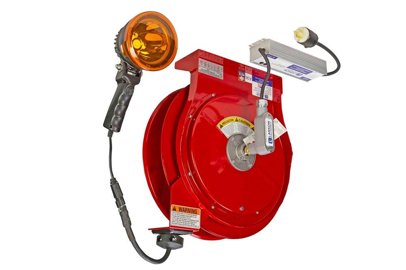 25W Handheld LED Spotlight w/ 50' 12/3 SOOW Cord Reel & Inline Transformer - 100-277VAC to 24VDC