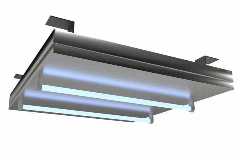 40W Industrial UVC Fluorescent Fixture - (2) 2' UV Lamps - Zinc Coated Hubs/Surface Mount - 24" x 26" Square Housing