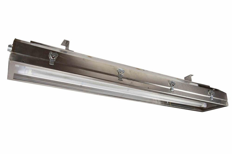 4' Stainless Steel Industrial UV Fluorescent Fixture - Sliding Bracket Mount - Glass Lens