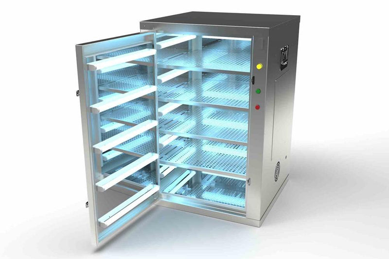Mobile UV Disinfection Equipment Cabinet - 70" Height - 120V - (20) UVC Lamps, Timer - Removable Racks - 25' Cord - (4) Casters