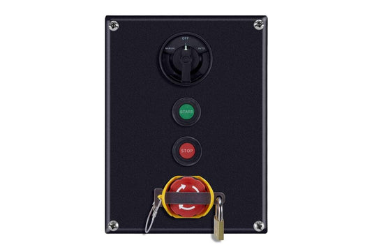 Weatherproof Control Station - (1) 3-Position Selector Switch - (2) PBs, (1) Lockable E-Stop - 415V, 50Hz - IP66 - Matte Black Powder Coat