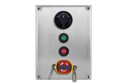 Weatherproof Control Station - (1) 3-Position Selector Switch - (2) PBs, (1) Lockable E-Stop - 415V, 50Hz - IP66 - Stainless Steel