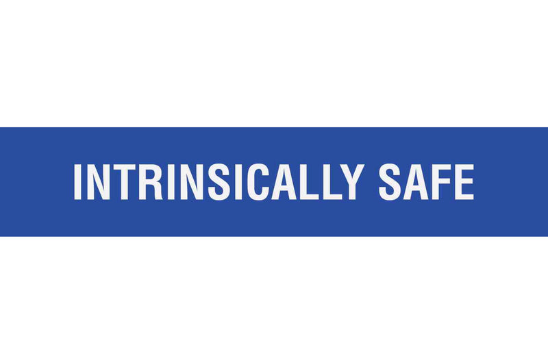 Larson Adhesive Equipment Label - INTRINSICALLY SAFE - White Text w/ Blue Background - 2"H x 10"L