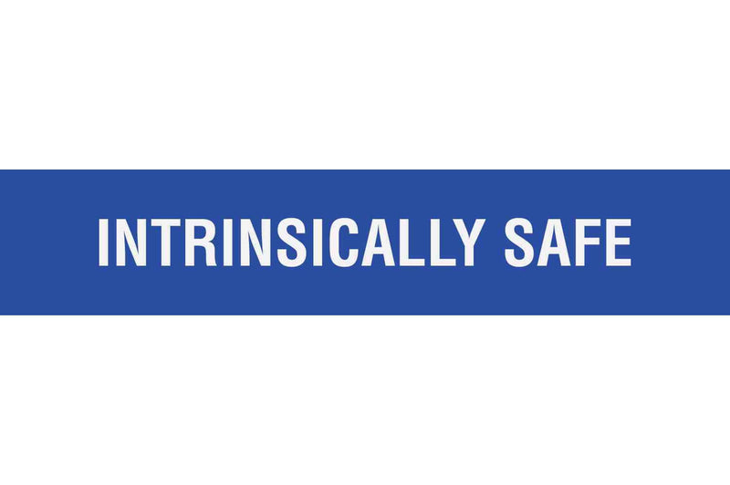 Larson Adhesive Equipment Label - INTRINSICALLY SAFE - White Text w/ Blue Background - 30MM x 90MM