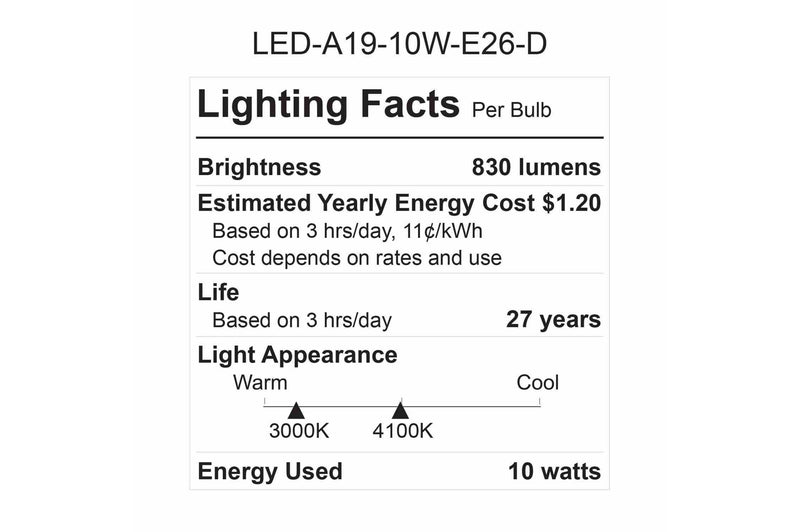 Larson LED Light Bulb - 10 Watt LED A19 Style Replacement for Standard E26 Light Bulb Socket - Dimmable