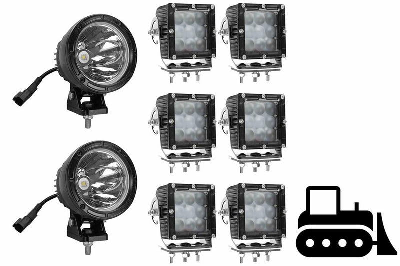 LED Light Package for Caterpillar Cat Challenger 85E Tractor - (6) LEDEQ-3X3-CPR & (2) LED25WRE-CPR
