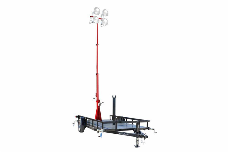 4000W 3-Stage Light Mast on 14' Single Axle Trailer - 220V, (4) 1000W MH - 30' Mast - Red - 50' Cord