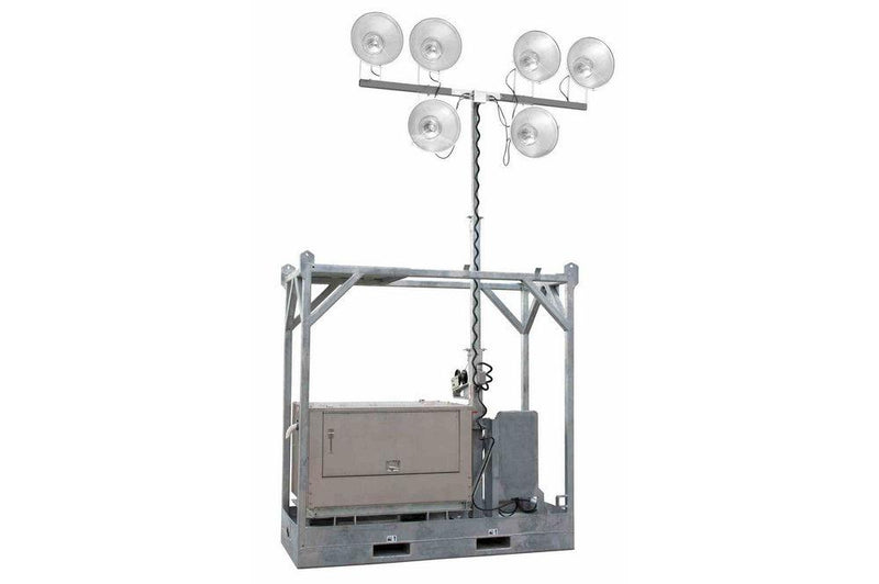 6000W Skid Mount Five Stage Light Mast - Extends up to 25' - (6) 1000W Metal Halides - 35KVA Genset