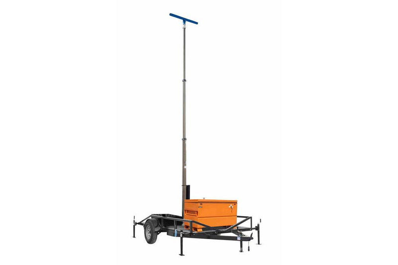 Pneumatic Light Mast on 14ft Single Axle Trailer with wheels - Extends up to 30 Feet - Job Box