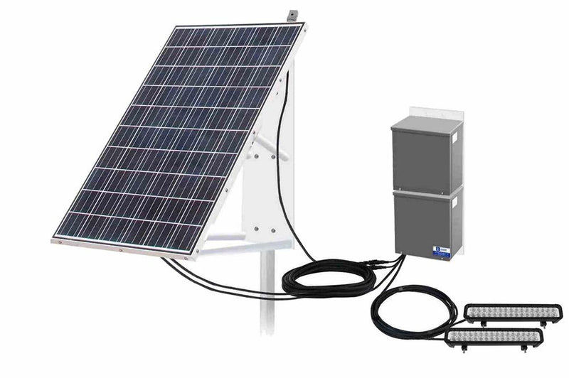192W Solar Powered Dual LED Strobe Lights - 265W Panel & Motion Sensor - (2) 96W Lamps - (2) 12V Batteries - Pole Mount