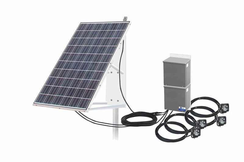 Solar Powered LED Lights w/ 265W Panel - (4) 10W LED Lights w/ 20' Cords - 12 Hour Run Time - Day/Night Photocell or Motion Sensor