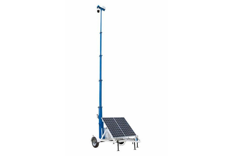 Portable Solar Surveillance Tower w/ IP Camera - 30' Mast, 10' Trailer - Backup Genset, LED Strobe