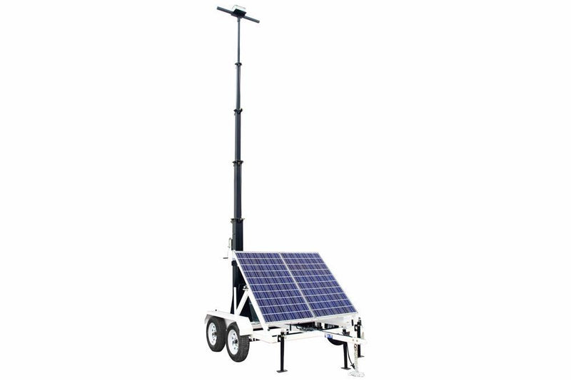 Portable Solar 30' Light Tower- 12V 250aH Gel Cell Battery w/ Charger- Tandem Axle Trailer