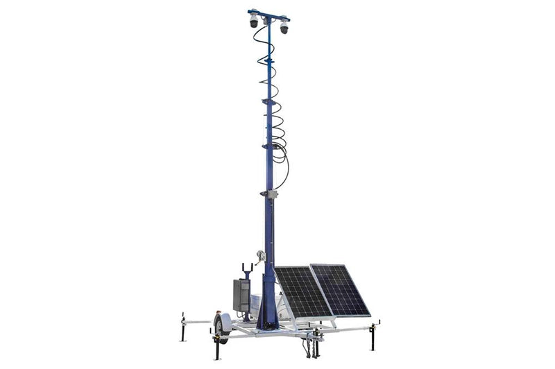 45' Portable Solar Security Tower - 7.5' Trailer - (2) IP Cameras, 2TB NVR, Router/4G Hotspot - Backup Genset