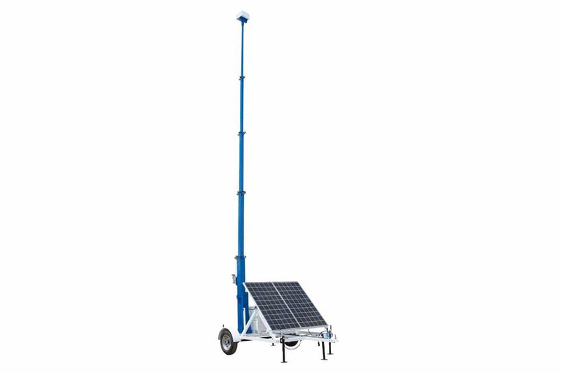 Portable Security Tower - 10'-16' Mast - (2) 300W Panels, (2) Bullet Cameras, (20) Li-ion Batteries - GPS/Wireless Router