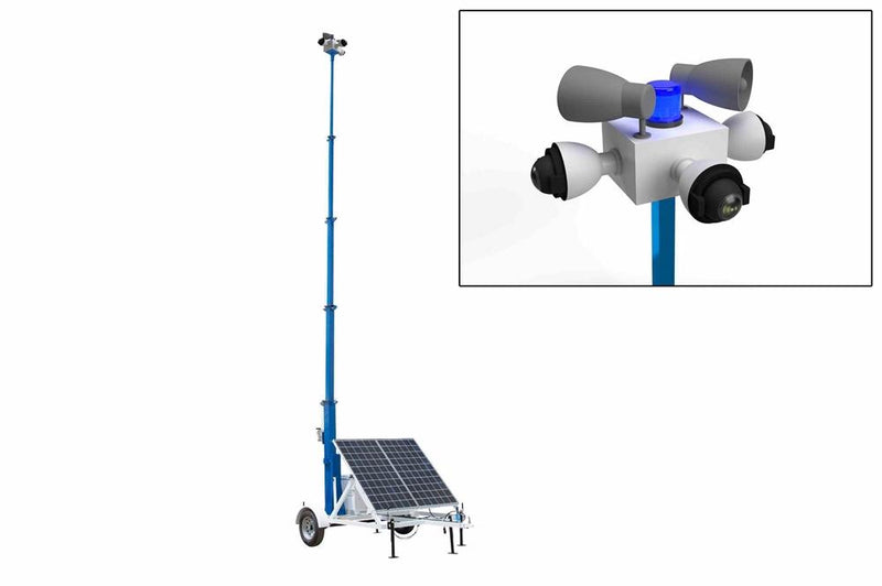 Mobile Solar Security LED Tower - 30' Mast, 7.5' Trailer - (2) 300W Panels, (4) LED Lights, (5) Cameras, 10TB NVR, WR - Diesel Gen./NDAA - HMS