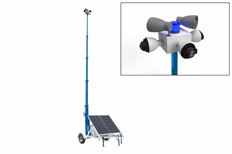Mobile Solar Security Tower - 30' Mast, 7.5' Trailer - (2) 300W Panels, (2) 100W LED Lights, (5) Cameras, 12TB NVR, Wireless Router - Diesel Gen./NDAA