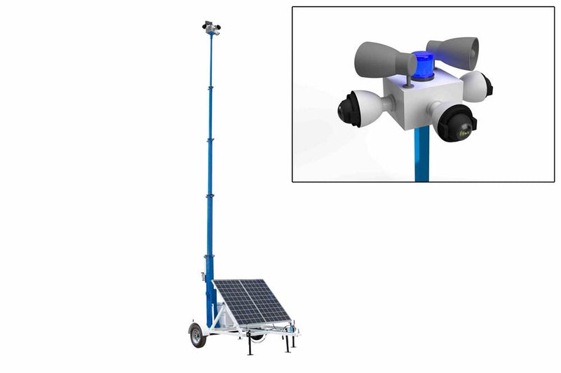 Mobile Solar Security Tower - 30' Mast, 7.5' Trailer - (2) 300W Panels (5) Cameras, 2TB NVR, Wireless Router - Diesel Gen./NDAA