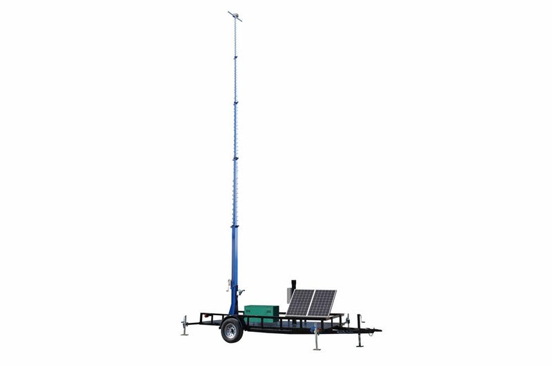 50 Foot Telescoping Solar MegatowerÃ¢â€žÂ¢- 15-50' Light Tower - (2) Solar Panels - T-Head w/ (2) 5" x 5" Mounting Plates - 16' Trailer, (4) Outriggers - 85' Coiled Cable