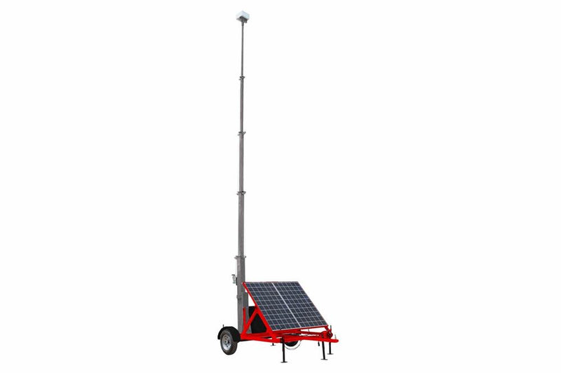 Mobile Communications Solar Tower - 30' Mast - 7.5' Trailer w/ Red Finish - (1) 300W Solar Panel, (2) 80aH Lion Batteries - (1) Junction Box - Galvanized Mast