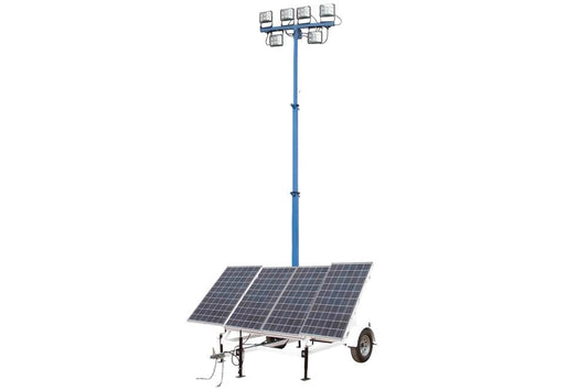 360W Solar Light Tower - 30' Light Tower - 7.5' Trailer - (6) 60W LED Lamps - (4) 250aH 4D Batteries - 120V Battery Charger - Day/Night Sensor