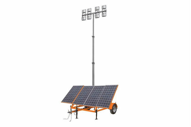 1.06 kW Solar Light Tower - 30' Mast - 7.5' Orange Trailer - (8) 60W LED Lamps, (12) 250aH Batteries