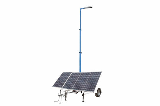 1.2 kW Portable Solar Powered LED Street Light - 30' Tower - 7.5' Trailer - (4) Panels, (1) LED Light, Batteries/BC - Backup Generator
