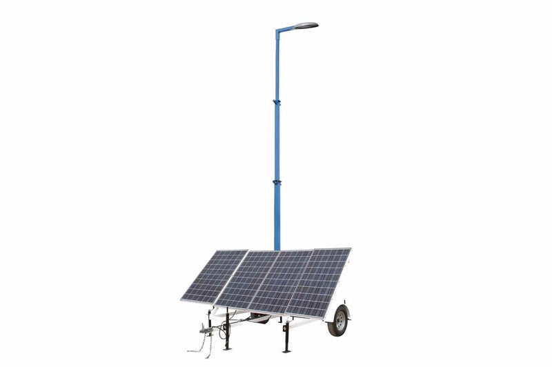 1.2 kW Portable Solar Powered LED Street Light - 30' Tower - 7.5' Trailer - (4) Panels, (1) LED Light, Batteries/BC - Backup Generator