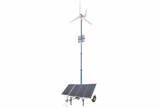1.2 kW Solar Light Tower - 30' Light Tower, 7.5' Trailer - (4) LED Lamps - (8) 80aH Li-on Batt. - Wind Gen