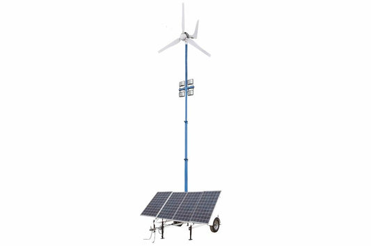 1.2 kW Solar Light Tower - 30' Light Tower, 7.5' Trailer - (4) LED Lamps - (4) 250aH 12V AGM Deep Cycle Batt. - Wind Gen
