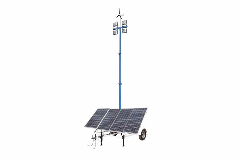 1.2 kW Solar Light Tower - 30' Tower - 7.5' Trailer - (4) LED Lamps - 1360aH Li-ion Battery Pack - Wind Generator