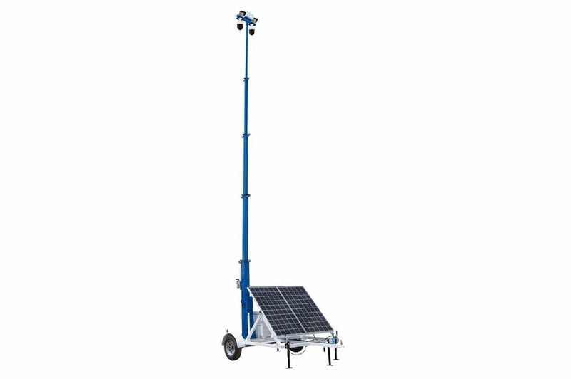 Portable Solar Security Tower - 13.5' to 45' Mast - (4) Panels, (2) LED Lights, (2) PTZ Cameras - 2TB NVR, GPS/Router - NDAA