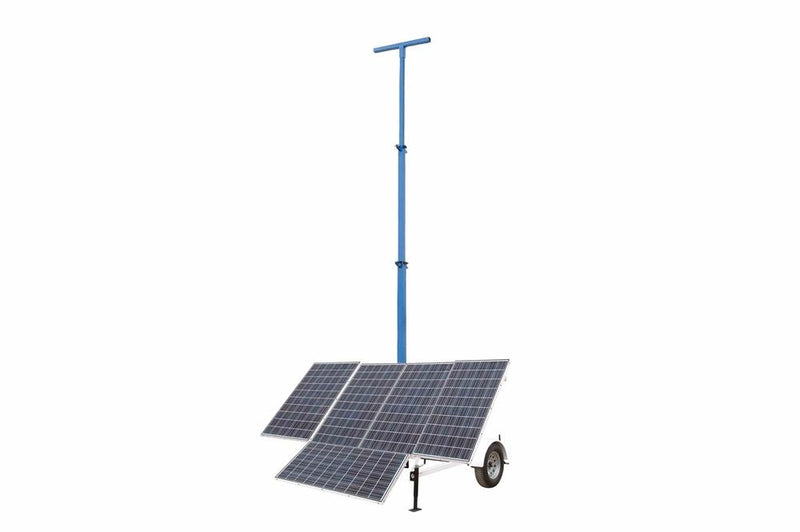 1.5kW Portable Solar Light Tower - 30' Mast - 14' Trailer - (5) Solar Panels, 640aH Lithium-ion Battery Pack - (5) 5-15R Receptacles