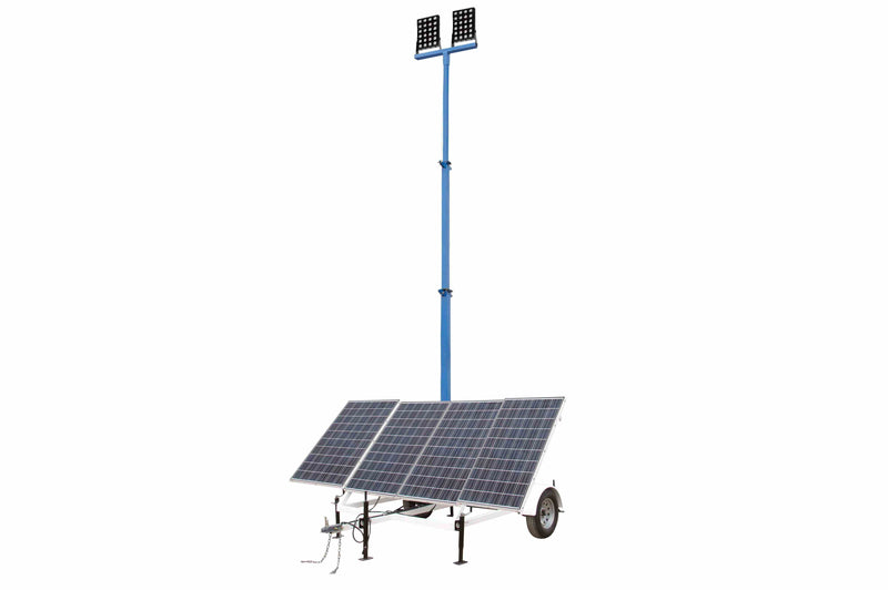 Larson 1060W Solar LED Tower - 30' Mast - (2) 150W Lamps - Timer & Dusk/Dawn - Runflat Tires-1050aH Battery