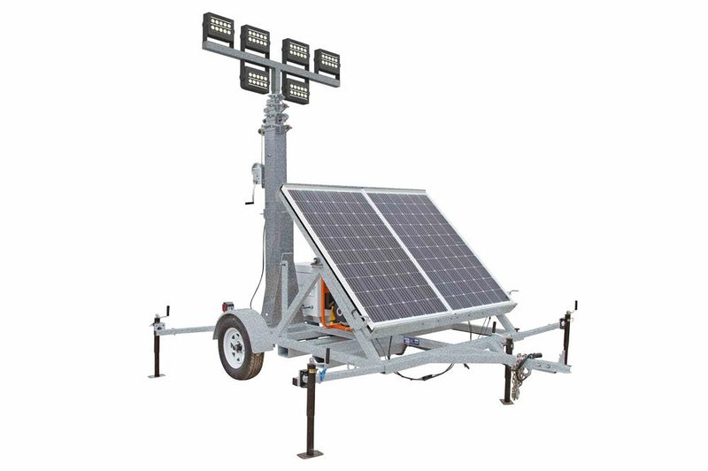 1200W Solar LED Tower - 24' Mast - (6) 150W Lamps w/ Timer & Dusk/Dawn, Batteries - Galvanized Mast/Trailer