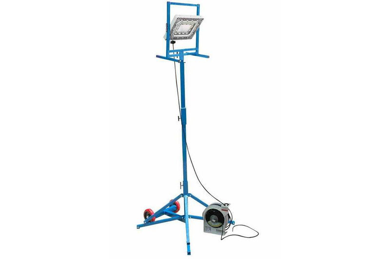 150 Watt Base Stand Work Area LED Light Tower - Quadpod Mount - 12' Height - 50' Cord Reel