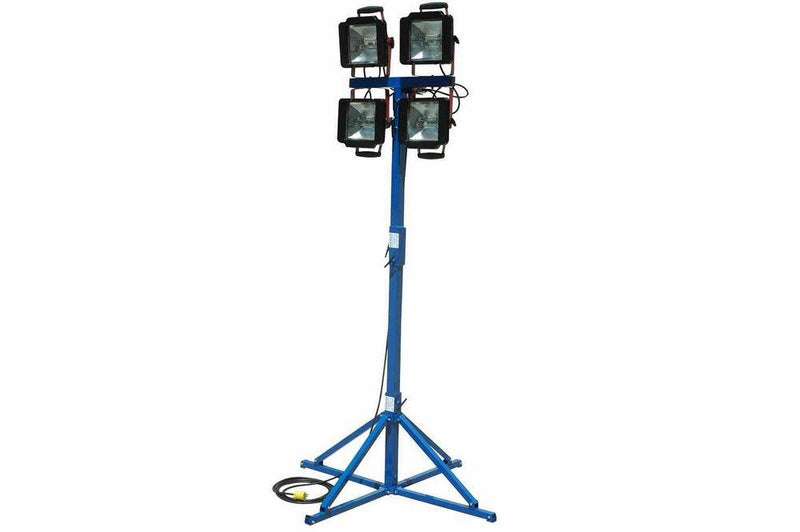 Portable Work Area Flood Light Tower - Quadpod Mount - (4) 500 Watt Quartz Lights - 25' Cord